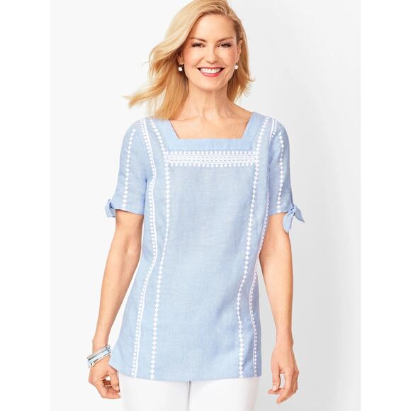 Talbots Light Blue Square Neck Embroidered Linen Top Size L Coastalprep - Picture 1 of 8
